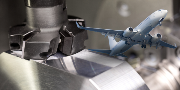 A Leitz end mill cutter in use on a cnc machine with an aeroplane taking off from the work piece