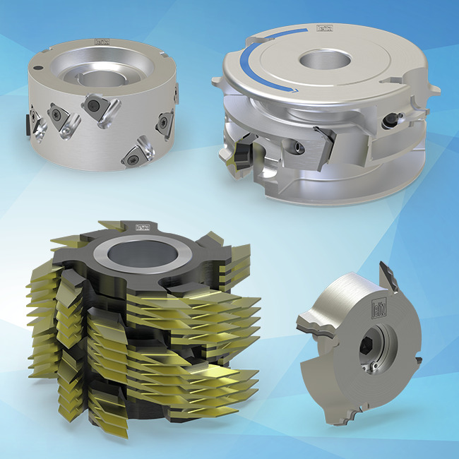 A selection of cutter heads, cutter blocks and profile cutter heads on a light blue background