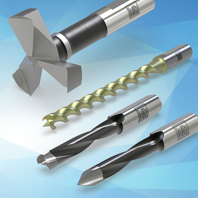 a selection of drill bits including a hinge drill, twist drill, dowel drill and through hole drill on a light blue background