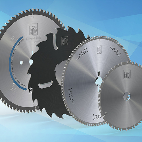 A set of circular saw blades featuring a panel saw blade, a grooving saw blade, a diamond saw blade and a portable saw blade on a light blue background