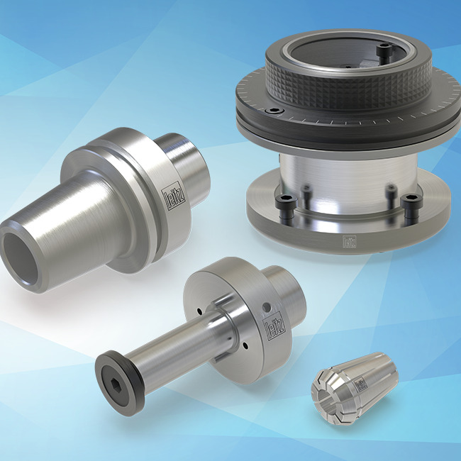 a group of tool holders and collet chucks on a light blue background including the niro collet chuck and the thermo grip heat shrink chuck
