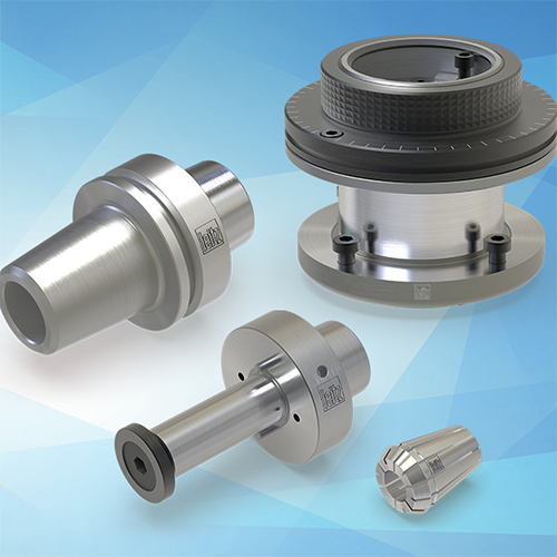 a group of tool holders and collet chucks on a light blue background including the niro collet chuck and the thermo grip heat shrink chuck