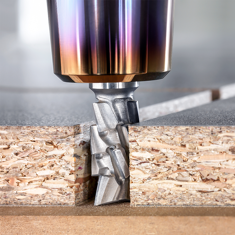 A Leitz diamond router cutter sizing a chipboard or MDF panel