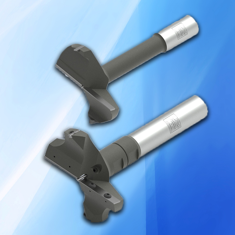 Two 35mm solid carbide hinge drill bits for woodworking, on a light blue background