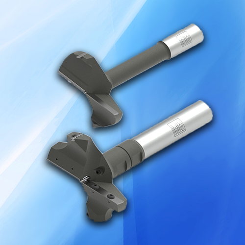 Two 35mm solid carbide hinge drill bits for woodworking, on a light blue background