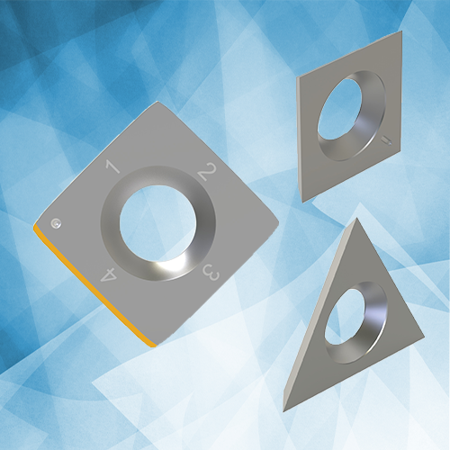 A Selection of carbide inserts and spurs featuring a square and triangular spur design on a light blue background