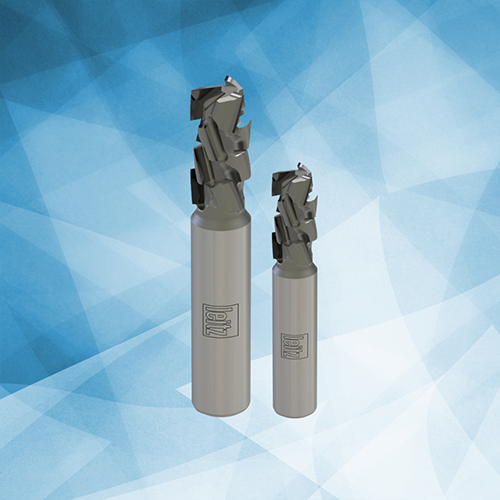 Two Leitz Diamaster z2+2 diamond router cutters standing vertically on a light blue background