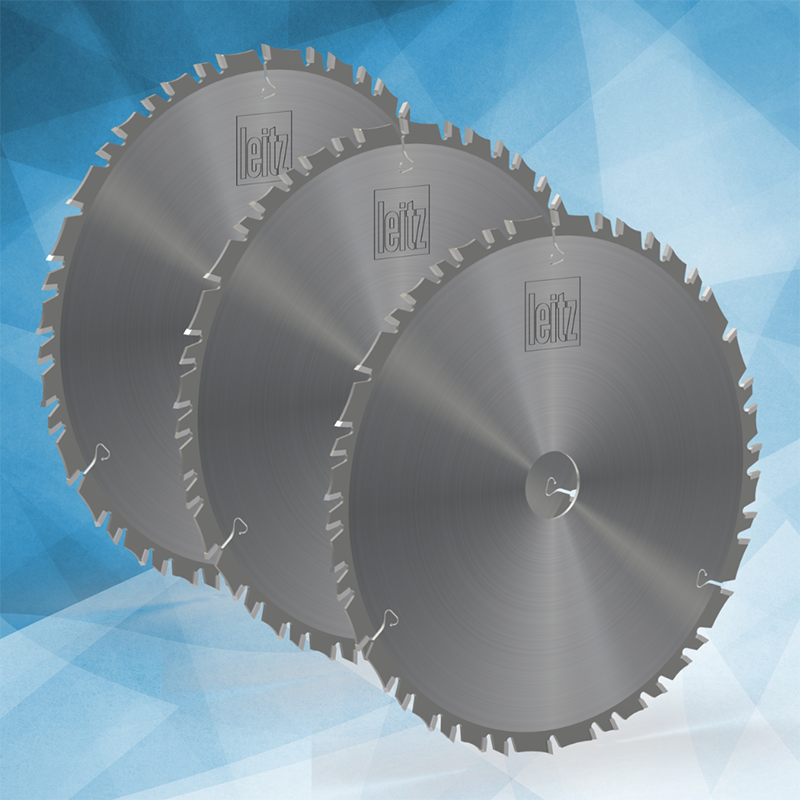 A group of three Leitz AccuCut circular saw blades for portable saws on a light blue background