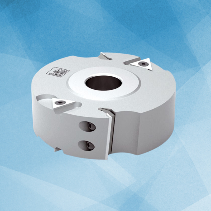 A rebating cutter head with chip breakers and triangular spurs on a light blue background